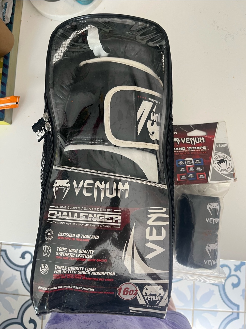 Venum Challenger Boxing Gloves and Wraps Set - Black/White